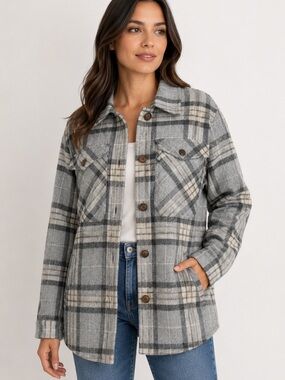 Gray Plaid Button-Up Jacket